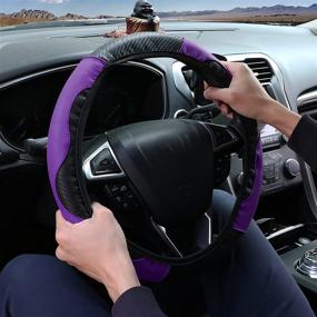 img 2 attached to Stylish and Comfortable Purple Carbon Fiber Leather Steering Wheel Cover - ZXLRUUO Anti-Slip Elastic Protector for Women and Men, Breathable Universal Fit 15 inch