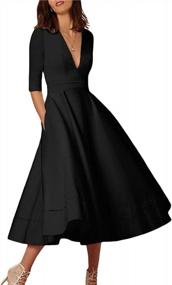 img 4 attached to YMING Womens Vintage Deep V Neck Cocktail Dress 3/4 Sleeve Pleated Swing Dress Solid Color Maxi Dresses With Pockets