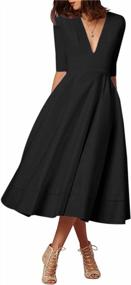 img 2 attached to YMING Womens Vintage Deep V Neck Cocktail Dress 3/4 Sleeve Pleated Swing Dress Solid Color Maxi Dresses With Pockets