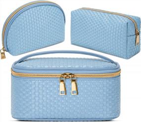 img 4 attached to KTMOUW Waterproof Makeup Bag 3 Pcs Set - Portable Travel Cosmetic Organizer Storage Bags For Women And Girls, Light Blue Weave Toiletry Bag