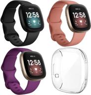 🏋️ 3-pack sport bands + 1-pack clear protective case for fitbit sense/versa 3 - classic soft silicone replacement wristband strap accessories for women men (black/pink/plum, small) логотип