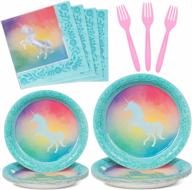 decorlife unicorn plates and napkins serve 24, unicorn party supplies for girls birthday, baby shower, cute rainbow shining design, forks, total 96pcs logo
