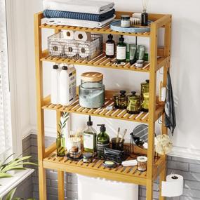 img 2 attached to 4-Tier Bamboo Over Toilet Storage Shelf W/Paper Holder & Hooks - Bathroom Space Saver Organizer Rack