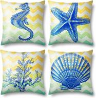 set of 4 coastal theme seahorse decorative throw pillow covers - 18x18 cotton linen cushion cases for sofa & outdoor use logo