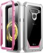 lg v50 / lg v50 thinq 5g (2019) shockproof bumper clear case with built-in screen protector - poetic guardian series, pink/clear logo