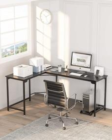 img 1 attached to Teraves современный L-образный стол, угловой компьютерный стол, домашний офис, рабочая станция, деревянный и стальной ПК, ноутбук, игровой стол