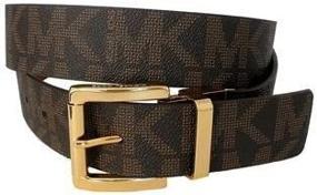 img 1 attached to 👗 Michael Kors MK Signature Monogram Logo Gold Buckle Belt - Brown Size Large: Classic & Stylish Accessory