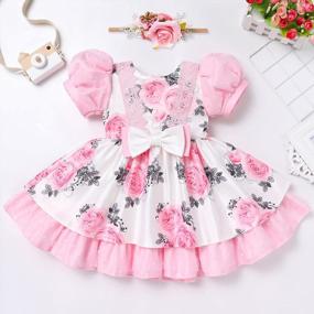 img 1 attached to Girls Floral Puff Sleeve Dress 2PCS Pageant Princess Summer Dresses With Headband Wedding Birthday Baptism Outfit