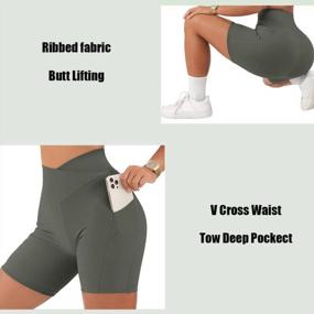 img 1 attached to High Waist Ribbed Yoga Shorts With Cross Waist Design, Booty Lifting And Pockets - 5 Inch Biker Workout Shorts For Women
