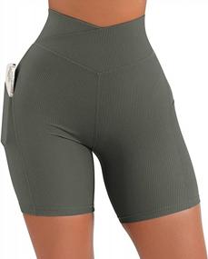 img 2 attached to High Waist Ribbed Yoga Shorts With Cross Waist Design, Booty Lifting And Pockets - 5 Inch Biker Workout Shorts For Women