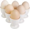 set of 6 ceramic egg cup holders for perfectly soft and hard boiled eggs at breakfast and brunch logo