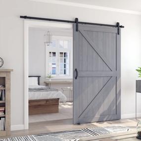 img 4 attached to 48In X 84In Grey Sliding Barn Door With 8Ft Hardware Kit, Pre-Drilled Ready To Assemble DIY Unfinished Solid Spruce Wood Panelled K-Frame