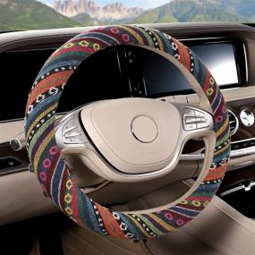 img 4 attached to COFIT Bohemian Steering Wheel Cover: Ethnic Style, 14 1/2 - 🌺 15 in Fit, Car Wheel Protector for Women, Flax Design, Non-Slip, Boho-Cloth Accessory