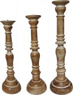 brown distressed wooden candle holder pedestal body set of 3 - handcrafted by benjara logo