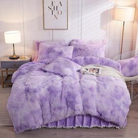 img 4 attached to Luxury Shaggy Faux Fur Duvet Cover Set Soft Fluffy Fuzzy Comforter Queen - 3 PCS Ombre Marble Print Bedding With Zipper Closure, 1 Long Plush Duvet + 2 Pillow Covers (Tie Dye Orchid) By LIFEREVO