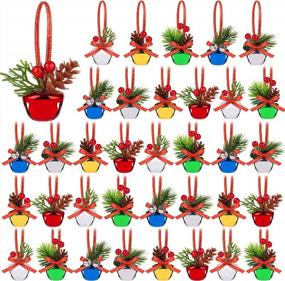 img 4 attached to Набор из 36 металлических рождественских колокольчиков с листьями остролиста, ягодами, сосновыми шишками и ленточными украшениями-бабочками — 6 дизайнов для упаковки подарков и елочных украшений от ADXCO