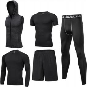 img 4 attached to Set Of 5 Men'S Gym Clothing Compression Tops And Pants With Long Sleeve Jacket For Athletic Workout