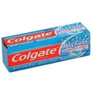 colgate max fresh whitening toothpaste with fluoride, cool mint, 1 oz., enhanced with mini breath strips. logo