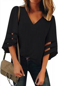 img 4 attached to Women'S Loose Top Shirt With Mesh Panel V-Neck And 3/4 Bell Sleeves, By LookbookStore