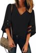 women's loose top shirt with mesh panel v-neck and 3/4 bell sleeves, by lookbookstore logo