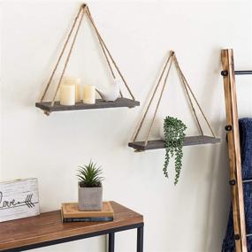 img 2 attached to Set Of 2 17-Inch Rustic Wood Hanging Rope Swing Shelves In Dark Gray By MyGift