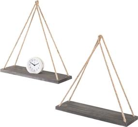 img 3 attached to Set Of 2 17-Inch Rustic Wood Hanging Rope Swing Shelves In Dark Gray By MyGift