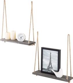img 4 attached to Set Of 2 17-Inch Rustic Wood Hanging Rope Swing Shelves In Dark Gray By MyGift