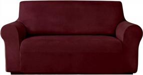 img 4 attached to Wine Red Velvet Plush Stretch Sofa Slipcover - High Stretch One Piece Non-Slip Furniture Protector For 2 Cushion Loveseat In Rich Velour Fabric - Fits Living Room Loveseats 58" To 72
