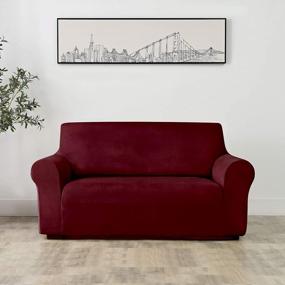 img 3 attached to Wine Red Velvet Plush Stretch Sofa Slipcover - High Stretch One Piece Non-Slip Furniture Protector For 2 Cushion Loveseat In Rich Velour Fabric - Fits Living Room Loveseats 58" To 72