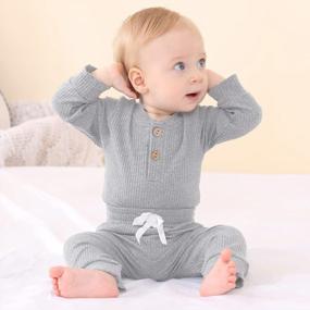 img 3 attached to Cotton Ribbed 2PCS Outfits For Unisex Winter Newborns: Long Sleeve Tops And Pants Set With Solid Color Design