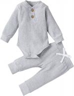 cotton ribbed 2pcs outfits for unisex winter newborns: long sleeve tops and pants set with solid color design логотип
