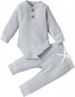 cotton ribbed 2pcs outfits for unisex winter newborns: long sleeve tops and pants set with solid color design logo