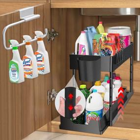 img 4 attached to 2 Tier Stretchable Sliding Organizers For Bathroom And Kitchen Cabinet - Black Under Sink Storage Shelf With Over The Door Holder, Hooks And Hanging Cup For Optimal Organization And Storage Solution