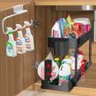 2 tier stretchable sliding organizers for bathroom and kitchen cabinet - black under sink storage shelf with over the door holder, hooks and hanging cup for optimal organization and storage solution logo