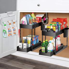 img 3 attached to 2 Tier Stretchable Sliding Organizers For Bathroom And Kitchen Cabinet - Black Under Sink Storage Shelf With Over The Door Holder, Hooks And Hanging Cup For Optimal Organization And Storage Solution