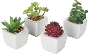 img 4 attached to Set Of 4 Artificial Mini Succulent Plants In White Ceramic Pots, Colorful Faux Succulents For Modern Home Decor