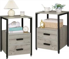 img 4 attached to 2-Drawer Industrial Nightstand Set Of 2, End Table With Open Shelf & Sturdy Black Metal Frame For Bedroom, Living Room, Guest Room Small Space - Grey
