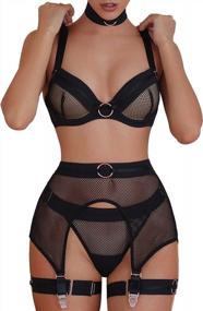 img 4 attached to Sexy Fishnet Lingerie Set For Women - 4-Piece Sheer Mesh Lace Garter Bra And Panty Set With Choker For Enhanced Sensuality