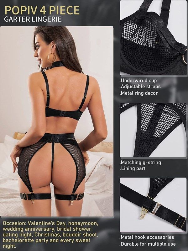 popiv Women Garter Belts and Stocking Sets Sexy Lace Mesh Lingerie