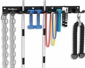 img 4 attached to Heavy-Duty 12 Hook Gym Rack Organizer Wall Mount Hanger For Barbell Storage, Resistance Bands, Jump Ropes, Chains & Weightlifting Belts Home Workout Gear