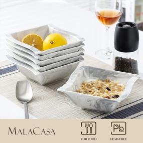 img 2 attached to Набор фарфоровой посуды из 36 предметов мраморно-серого цвета, квадратные тарелки и миски на 6 человек, включая чашки и блюдца, микроволновая печь, серия Flora от MALACASA
