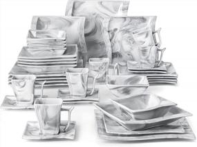 img 4 attached to Набор фарфоровой посуды из 36 предметов мраморно-серого цвета, квадратные тарелки и миски на 6 человек, включая чашки и блюдца, микроволновая печь, серия Flora от MALACASA