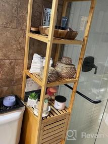 img 7 attached to Бамбуковый высокий тонкий шкаф для хранения в ванной комнате с затворной дверью и 3-мя ярусными полками | Отдельностоящий органайзер для льняной башни для гостиной, кухни, ванной комнаты