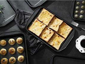 img 2 attached to Mokpi Nonstick Square Cake Baking Pans Deep Cookie Sheets Set For Oven Premium Baking Tray Bakeware, Set Of 2 (13.2 X 7.8 X 1.9 Inch, Black)