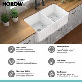 img 1 attached to Double Bowl Kitchen Sinks, HOROW Fireclay Farmhouse Sink 33" L X 18" W, Ceramic Farm Sinks For Kitchens, 33 White Farmhouse Double Sink Apron Front With Strainer And Protective Grid