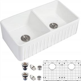img 4 attached to Double Bowl Kitchen Sinks, HOROW Fireclay Farmhouse Sink 33" L X 18" W, Ceramic Farm Sinks For Kitchens, 33 White Farmhouse Double Sink Apron Front With Strainer And Protective Grid