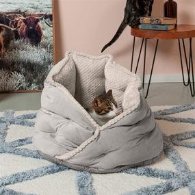 img 2 attached to 🐾 Furhaven Minky Plush and Velvet Wraparound Pet Bed - Calming Hug Bed for Cats and Small Dogs, Washable, Silver Gray, 24-Inch