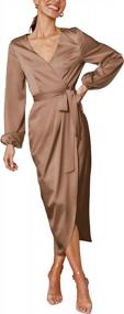 img 3 attached to Women Satin Dress Deep V-Neck Long Sleeve Tie Waist Split Midi Dresses