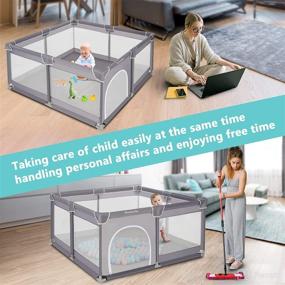 img 1 attached to 🧸 Yamesmile Dark Grey Baby Playyard: 50"x50" Play Pen, Large Play Yard for Toddlers - with 4 Pull Rings and Carry Bag (No Balls)