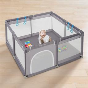 img 4 attached to 🧸 Yamesmile Dark Grey Baby Playyard: 50"x50" Play Pen, Large Play Yard for Toddlers - with 4 Pull Rings and Carry Bag (No Balls)